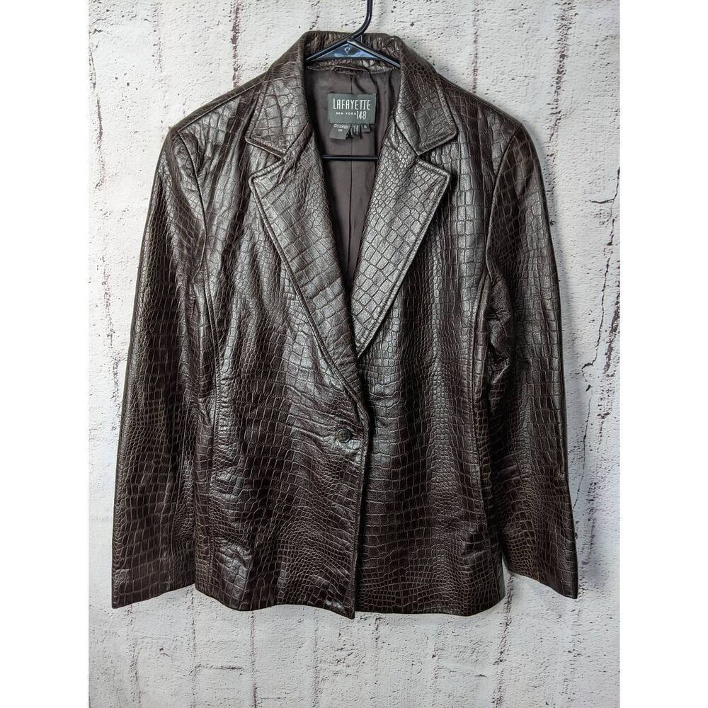 Lafayette New York 148 Dark Brown Animal Texture 100% Leather Cuir Jacket Blazer